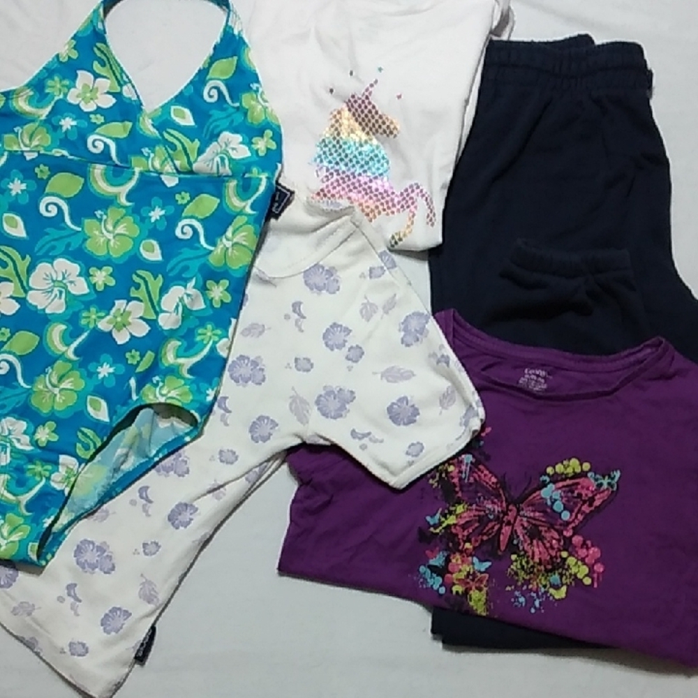Girls 5 Pc Bundle 1 Swimsuit, 2 Short Sleeve T, 1 Long Sleeve T 1 Pair Pants